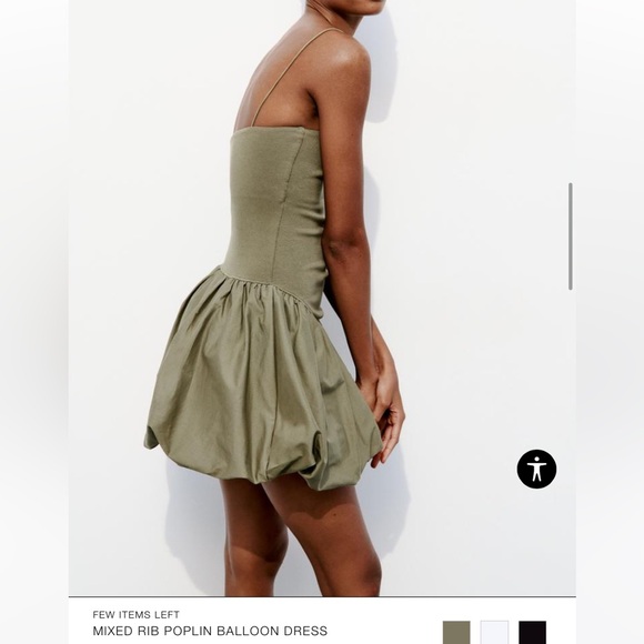 Sold out NWT Zara mixed rib Poplin balloon dress in olive green color size M - Picture 7 of 10